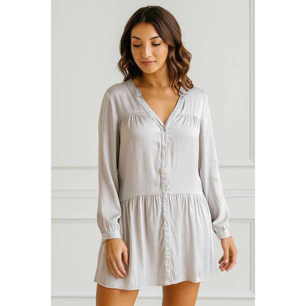 KOCH Soft Gray Satin Button Up Tunic Dress Size Small